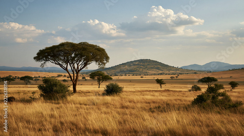 african plains with scattered scrub trees and open grasslands, vast african savanna with grasslands and scattered trees, serene wilderness landscape across the african plains