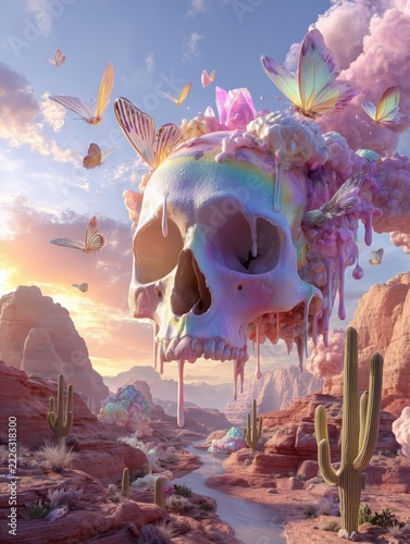 Sunset view of melting rainbow skull over Arizona desert landscape with blooming cacti and delicate butterflies dancing in the sky