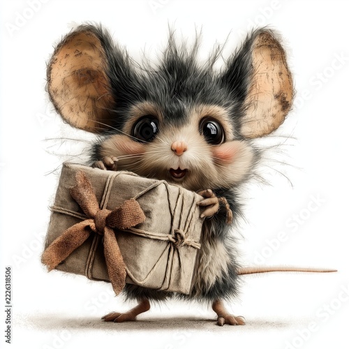 Whimsical cartoon mouse delivers a gift with big eyes full of joy in a fun, imaginative setting