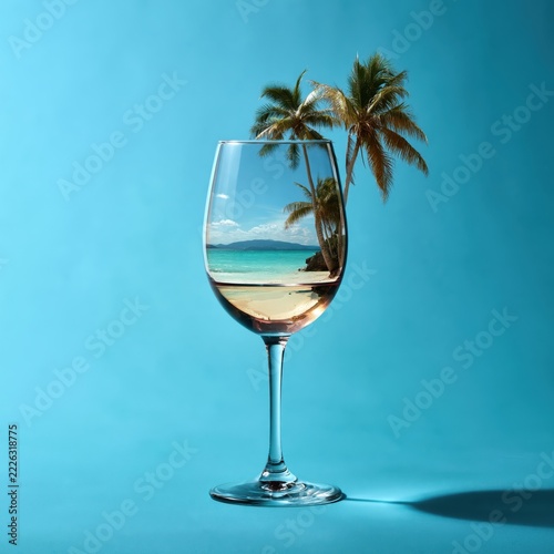Enchanting beach paradise captured within a delicate wine glass on a serene blue backdrop