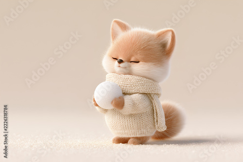 Cute Fluffy Red Fox in Warm Winter Knitwear on Neutral Beige Background 