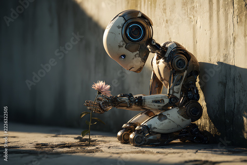 A chrome robot kneeling and admiring a flower on the asphalt.