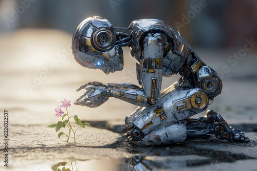 A chrome robot kneeling and admiring a flower on the asphalt.