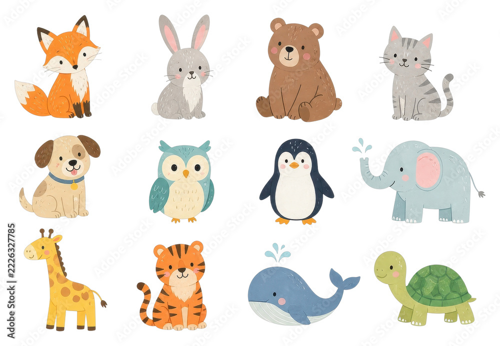 Naklejka premium Cute diverse woodland animal illustrations, PNG with transparent background.