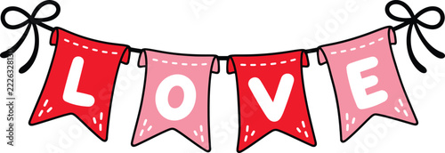 Cute Valentine's Day LOVE Banner with Red and Pink Pennant Flags – Flat Vector Clipart