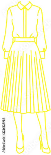 Yellow Women Pleated Midi Skirt and Long-Sleeve Blouse Fashion Outline Sketch Icon Transparent PNG Graphic