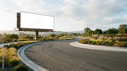 Empty billboard along a winding road with green landscaping
