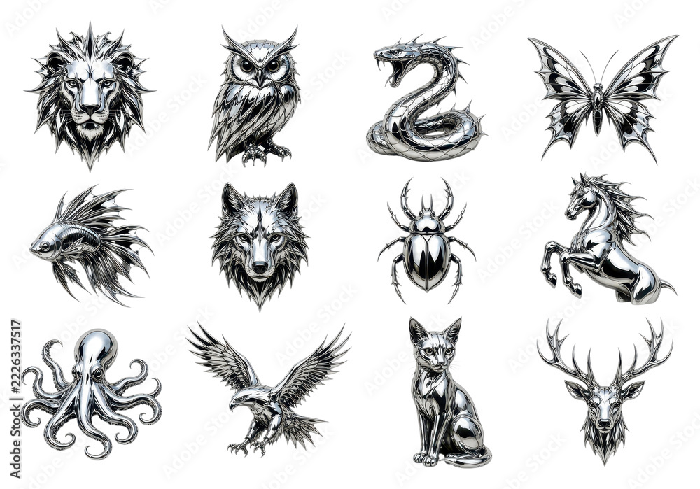 Naklejka premium Black-and-white animal tattoo illustrations collection, PNG, transparent background