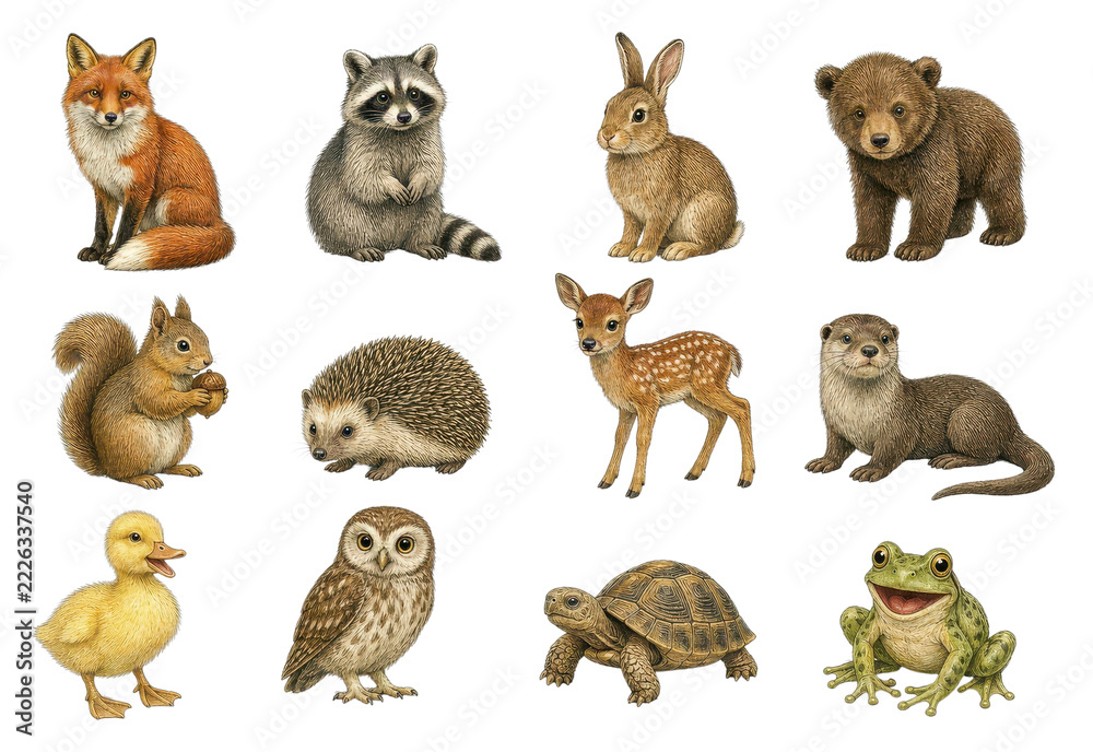 Naklejka premium PNG collection of illustrated woodland animals on a transparent background.
