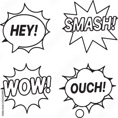 Comic speech bubbles with hey smash wow and ouch expressions for