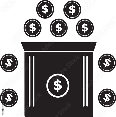 Money management icon set featuring dollar symbols pouring from a