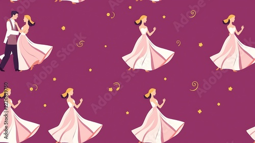 Seamless pattern featuring women in flowing gowns dancing on a deep purple background, with scattered golden, stars and musical notes