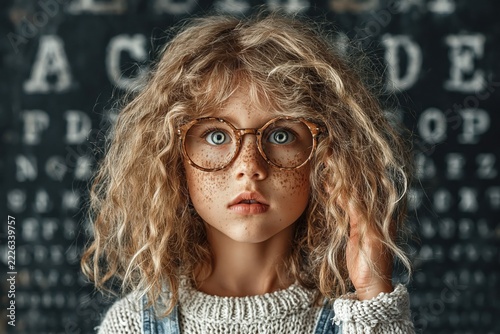 Child is focused during an eye exam in a welcoming clinic filled with vision charts and cheerful atmosphere