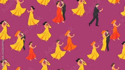 Seamless pattern featuring couples and women dancing in colorful gowns on a deep purple background, with scattered stars, and musical