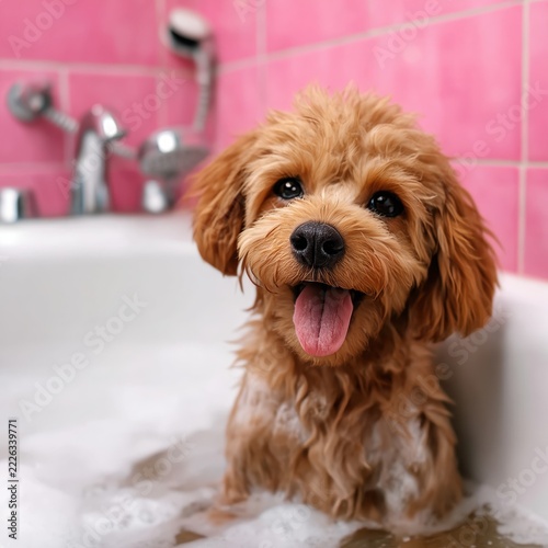 Joyful puppy splashes in a chic pink bathroom, embracing fun and relaxation during bath time