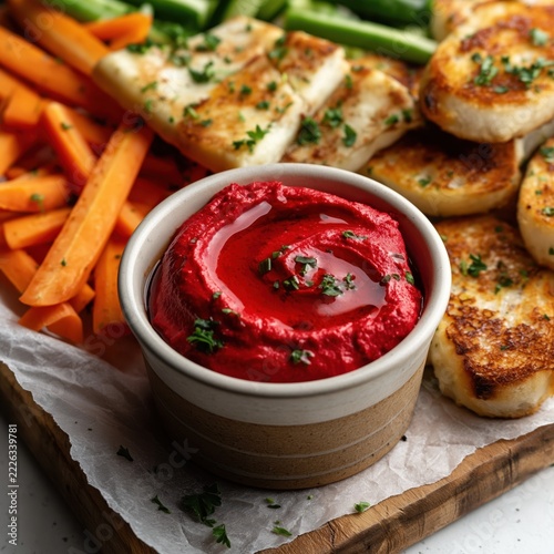 Delightful platter featuring vibrant red dip surrounded by fresh vegetables and grilled treats ideal for sharing at any gathering
