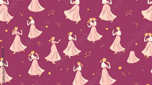 Seamless pattern featuring women in flowing gowns dancing on a deep purple background, with scattered golden, stars and musical notes