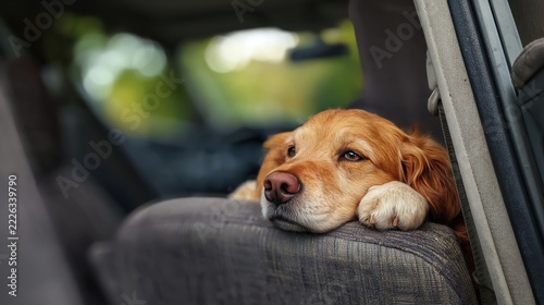 Golden retriever relaxes in a car, enjoying a moment of peace amid nature's beauty during a sunny afternoon