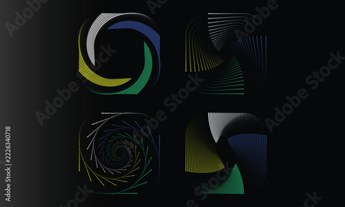 Abstract colorful halftone dotted geometric spiral icon set on a dark black background vector illustration