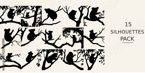 Koala on a Tree Branch Silhouette Graceful Pose Isolated Silhouette Design Vector SVG Black Shape on White Background Clipart Graphic