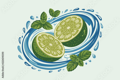 Refreshing summer hydration features lime slices splashing water for healthy drink vector icon set.