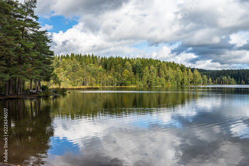 Bantjern lake near moutain Vettakollen in Oslo, Norway, shows beautiful reflections of trees and surroundings on a summer day
