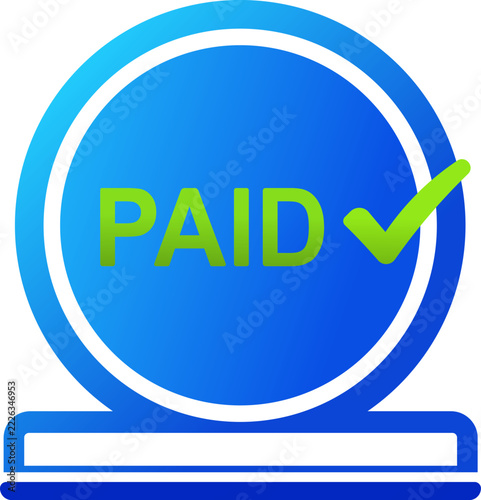 Paid stamp graphic with check mark and text, conveying payment confirmation and transaction success for finance.