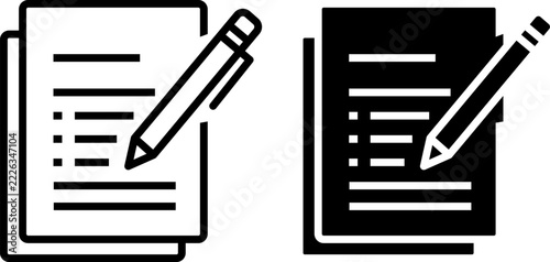 Document pages with checklist and pencil icon in outline and solid silhouette for note taking