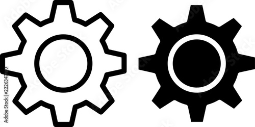 Two gears icons, one outlined and one solid black, representing engineering and mechanical concepts for design.