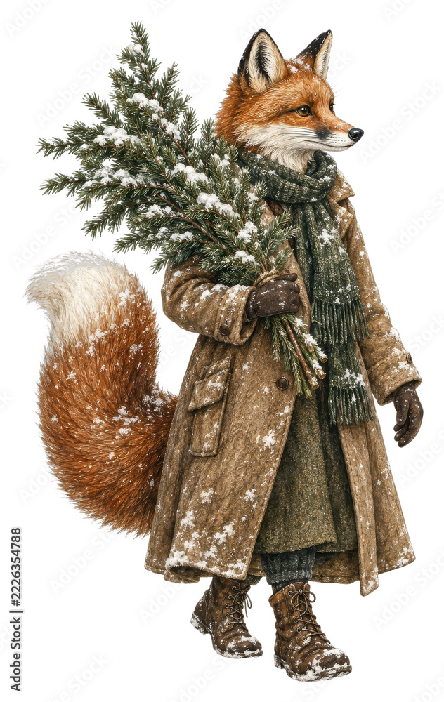 Naklejka premium Male anthropomorphic fox in winter coat holding snowy branches, PNG transparent background