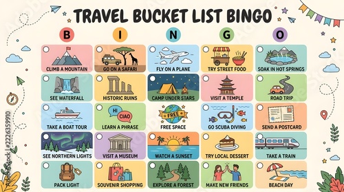 Travel Bucket List Bingo colorful illustrated cards with smooth pastel background