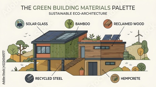 THE GREEN BUILDING MATERIALS PALETTE SUSTAINABLE ECO ARCHITECTURE Sustainable house featuring solar panels and natural materials