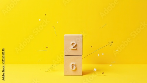 stack of natural wood blocks displaying 2026 and 2027 on vibrant yellow for corporate goal setting and business planning