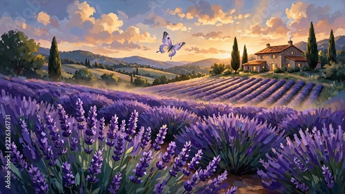Lavender farm with stone farmhouse at golden hour - painterly illustration