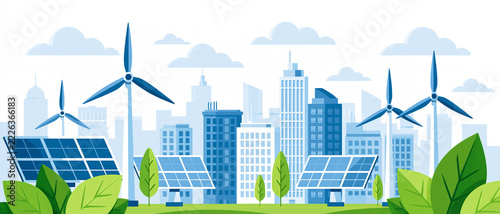 Énergie verte et développement durable : bannière avec éoliennes, panneaux solaires et feuilles urbaines, isolée sur fond blanc