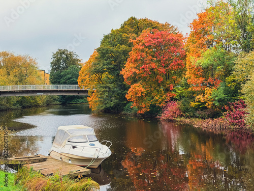View of Ronne river during autumn in central part of Angelholm, Sweden