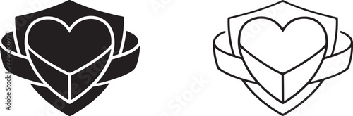 Black solid and outline heart shield ribbon icons for modern vector graphic design projects.