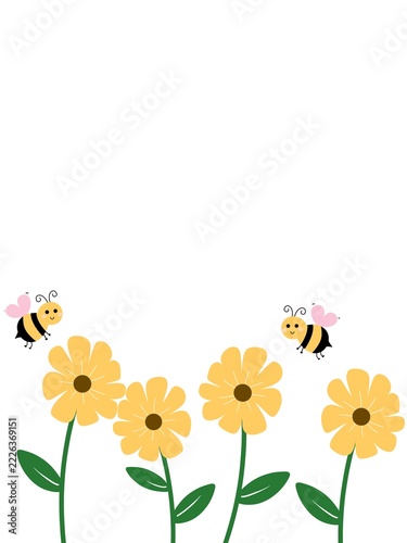 Adorable Bumblebee and Yellow Daisy Flower Border Vector