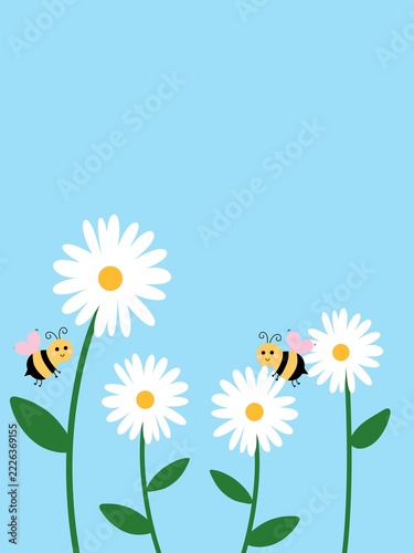 Cute Bee and White Daisy Flower Field Vector Illustration
