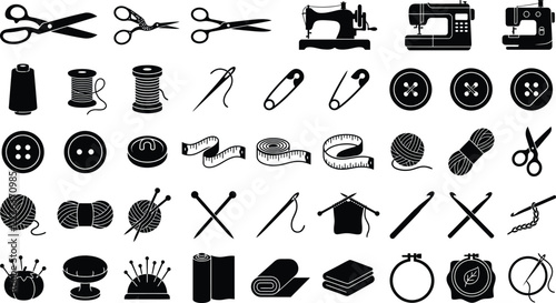A collection of black silhouettes depicting sewing tools yarn and garment making supplies on a white background sewing tools scissors thread spool