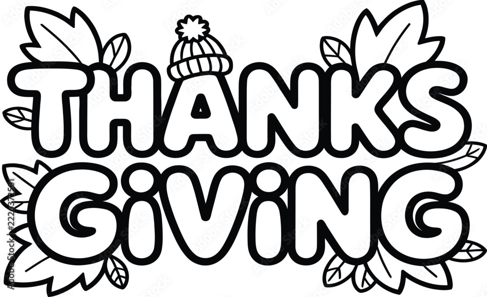 Fototapeta premium Happy Thanksgiving Typography greeting card design with colorful autumn leaves, elegant calligraphy lettering, lettering holiday quote and Turkey Illustrations.
