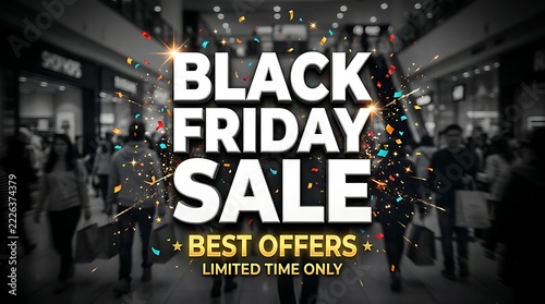 Black friday sale announcement with blurred shoppers in background