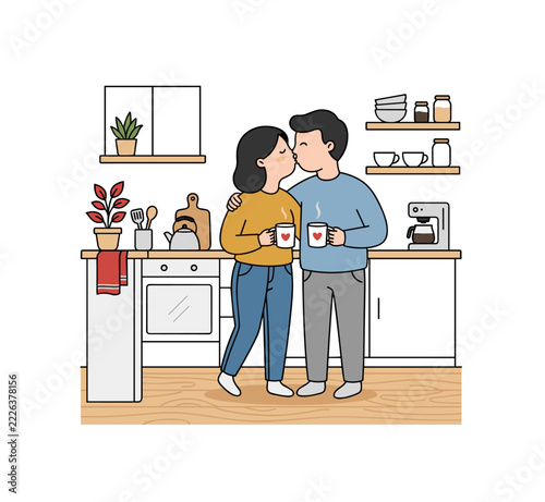 Obraz na plátně A cozy kitchen scene with a couple sharing a kiss, holding heart-adorned mugs, s