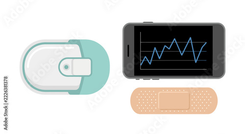 Medical sensor device and smartphone showing health monitor chart with bandage