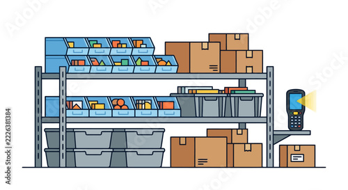 Warehouse shelving unit with storage bins and cardboard boxes vector illustration