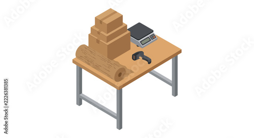 Isometric vector illustration of packaging workbench with boxes scale and scanner