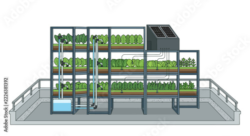 Vertical farming hydroponic system with solar panels and rooftop racks