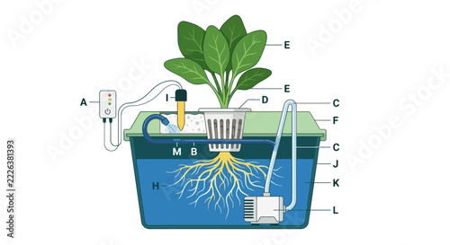Hydroponic plant growth system diagram with labeled mechanical parts