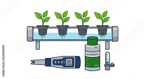 Hydroponic system vector illustration showing green plants growing in water inside pipes with nutrients and testing equipment