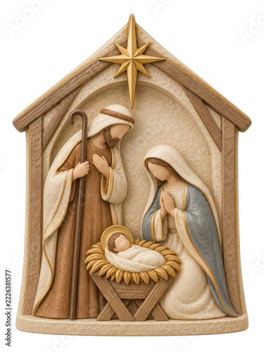 Christmas nativity relief with a holy family and baby in a manger beneath a gold star, framed by a stable with wood beams and cream figures on white for religious education and devotional publications